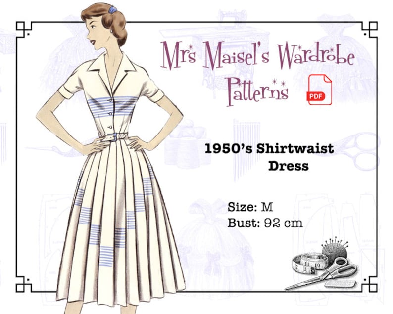 1950s Sewing Patterns | Dresses, Skirts, Tops, Mens 1950s Shirtwaist Dress Vintage PDF pattern Instant Download $8.86 AT vintagedancer.com