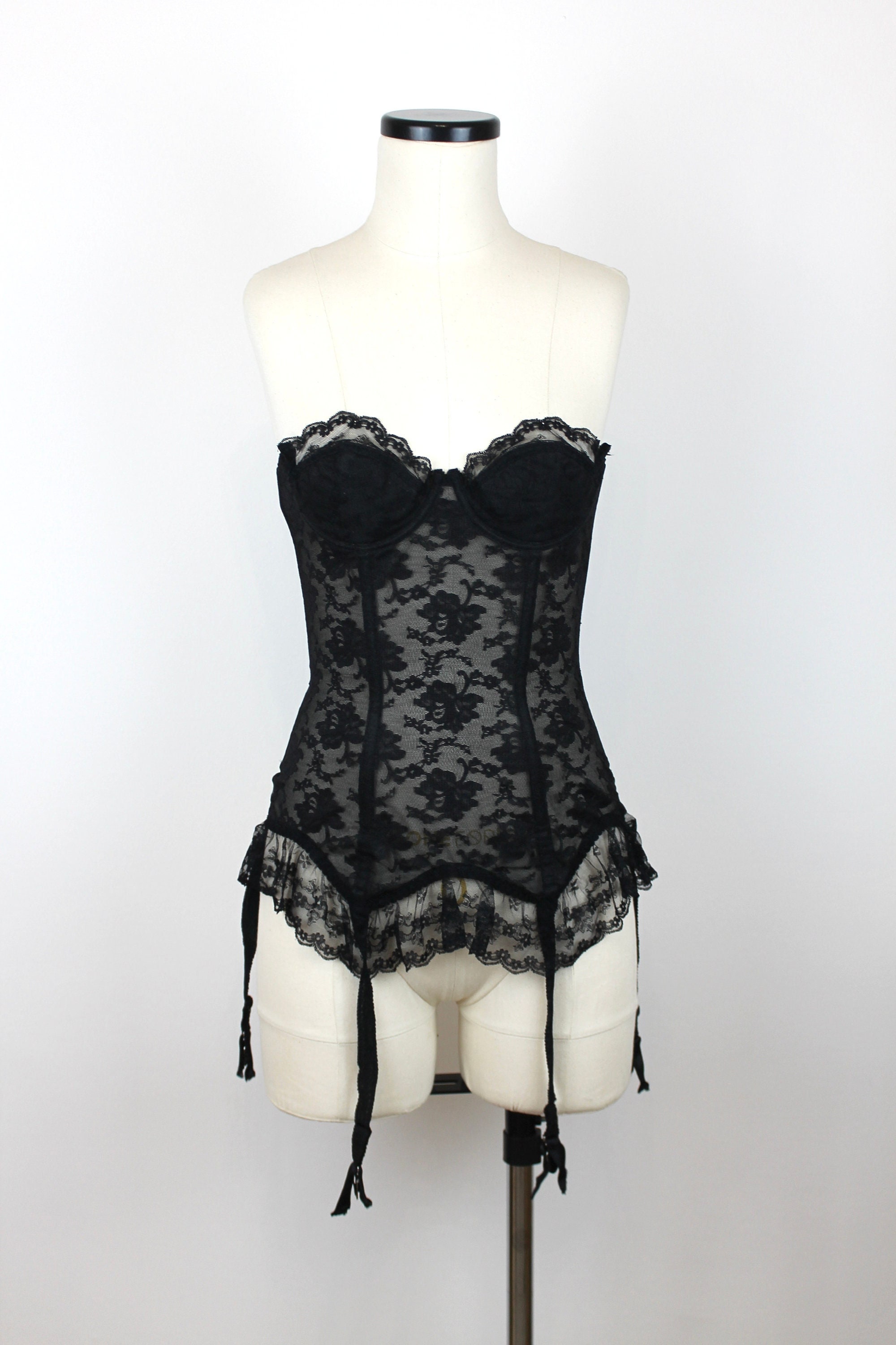 1980s Vintage Black Lace Bustier, Black Retro Brassiere Body