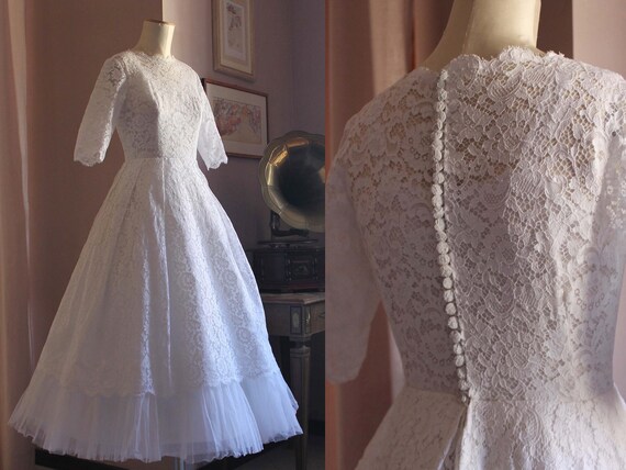 50s Vintage Wedding Dress, Lace Bridal Gown,