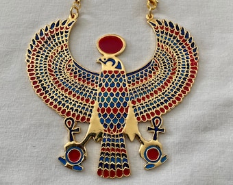 X-Large Egyptian Metal Gold Plated Multi-Color Horus Ankh Falcon Necklace 3.25" X 3.25" and Small 2" X 2"