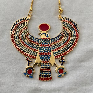 X-Large Egyptian Metal Gold Plated Multi-Color Horus Ankh Falcon Necklace 3.25 X 3.25 and Small 2 X 2 Large 3.25"