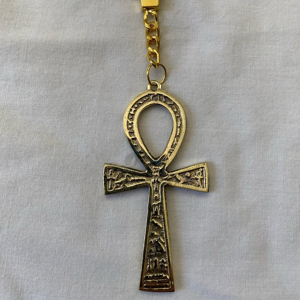 Egyptian Brass Ankh Key of Life Engraved Handmade Hieroglyphics Keychain 5.5"