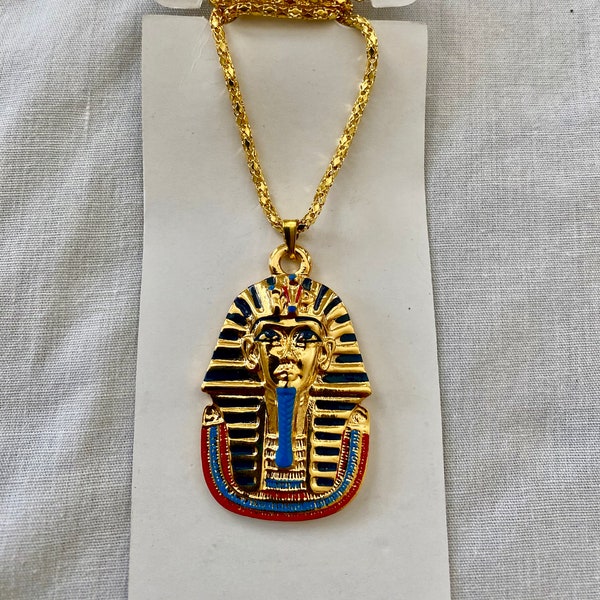 Egyptian Gold Plated Small King Tut Mask Pendant Necklace Brass 1.5" Great Quality