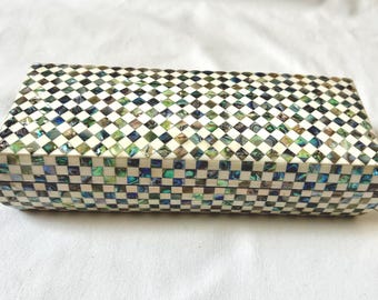 Egyptische ingelegde parelmoer pauaschelp, wit, meerkleurig, handgemaakte pennenhouder/doos 7,8" x 3" #1421X, 1421 en 1422