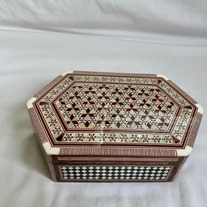 Egyptian Wooden Mother of Pearl Inlaid Jewelry Box Handmade Regular Six Sided 9.25"X 6" #1438