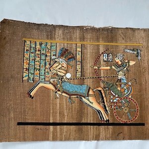 Egyptian Papyrus Painting Antique Looking Paper with Ankh / King Ramses on chariot / Cleopatra /King Tut on Boat / King Tut Horus   9&quot; X 13&quot;
