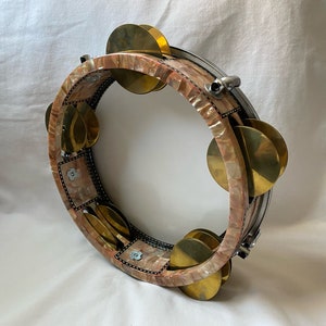 Large Egyptian Professional Wooden Tambourine Rik With Brass Cymbals 8.75&quot; Diameter Plastic Head Inlaid Excellent Quality