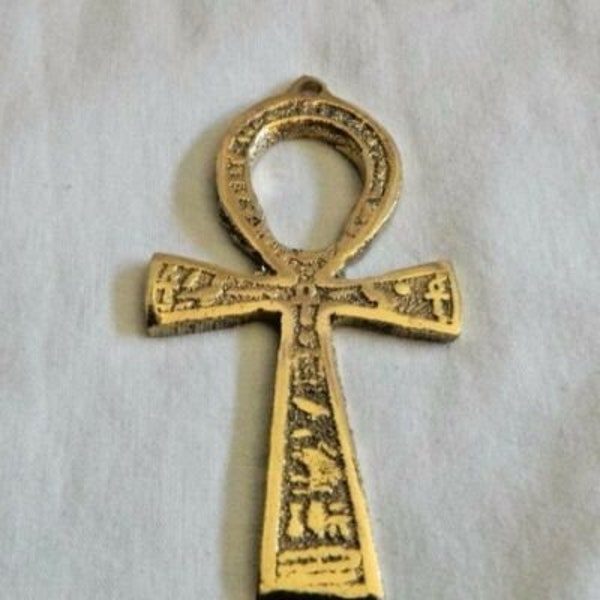 Egyptian Brass Ankh Key of Life Engraved Hieroglyphics Pendant 2.75"