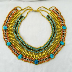 Egyptian Beaded Queen Necklace Gold Plated Scarab Black Muticolor 26&quot;