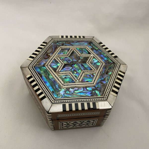 Egyptian Beech Wood Mother of Pearl Paua Inlaid hexagonal Jewelry box 4.75" Stars Design # 305N and # 302N