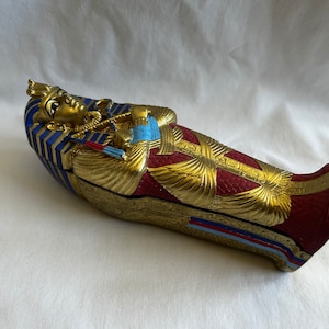 Egyptian King Tut Sarcophagus Resin Mummy inside Gold Handmade Multi-Color Box 6.5&quot; x 2.5&quot; #407