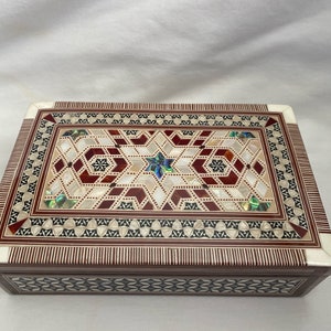 Egyptian Mother of Pearl Inlaid Wood Handmade Jewelry Box 8"X5" # 483 Piece of Art