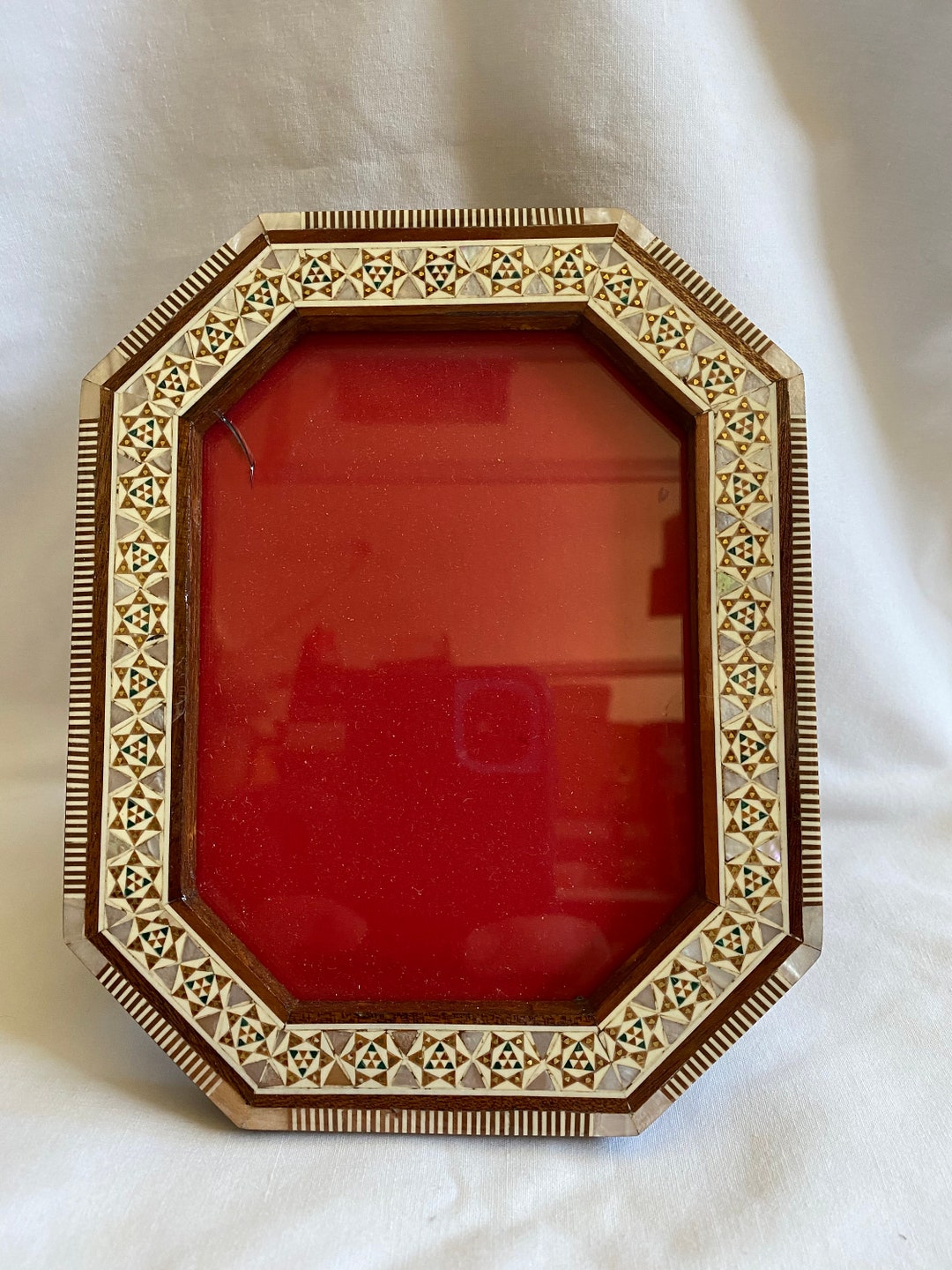 Egyptian Wood Inlaid Handmade Brown Octagon Mother of Pearl Picture