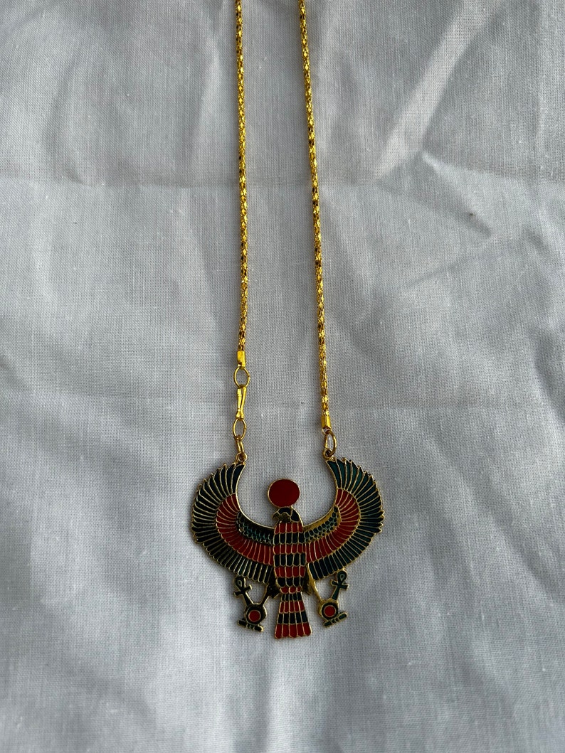 X-Large Egyptian Metal Gold Plated Multi-Color Horus Ankh Falcon Necklace 3.25 X 3.25 and Small 2 X 2 image 5