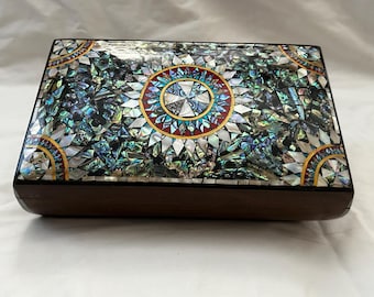 Joyero de madera de haya con forma de flor convexa, de concha de abulón paua, incrustado a mano, de madreperla egipcia, 10,6" x 6,6" n.° 861 ¡Único!