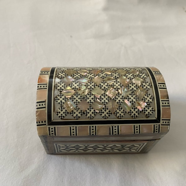 Egyptian Inlaid Treasure Mother of Pearl Ring Beech Wood Handmade Jewelry Box 3.5" # 417. And Box # 1395 inlaid flower / squares 3"