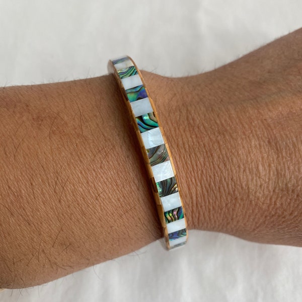 Egyptian inlaid Mother of Pearl Paua Beech Wood Bracelet Wooden Tan or Blue 9" Round & Brass Bracelet