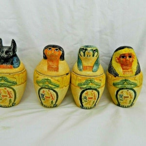 Egyptian Canopic Jars Set Large Resin Colored Engraved 4.5&quot;  Four Sons Of Horus