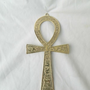 Large Egyptian Brass Ankh Engraved Hieroglyphics Handmade Wall Pendant Eye of Horus Isis 8.5"