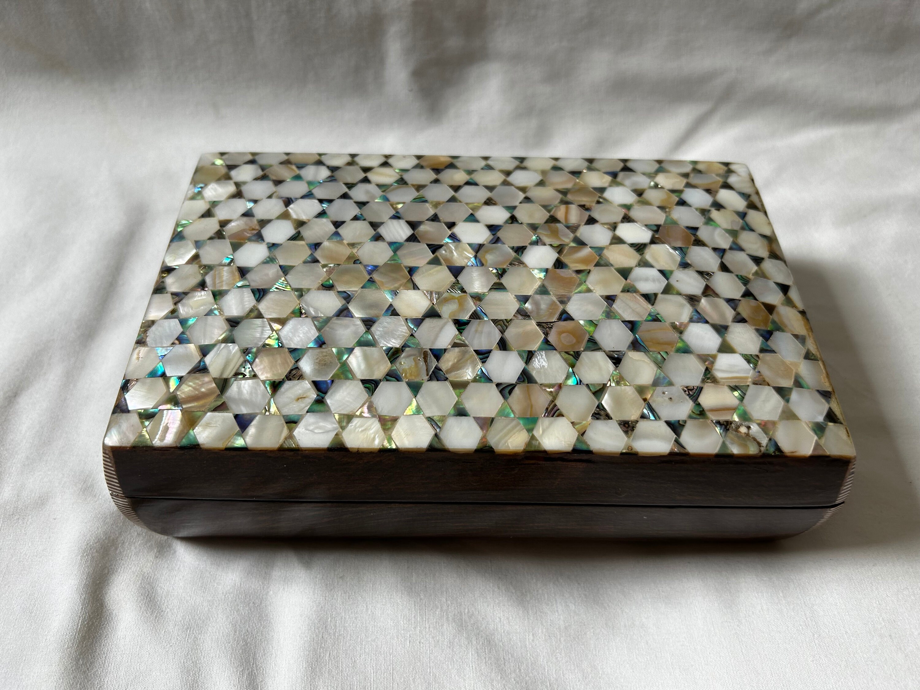 Egyptian Mother of Pearl Inlaid Beech Wood Convex Handmade Jewelry Box 8"X 5" # 1315 Piece of Art -White Green.  Box #1371 Black Star Design