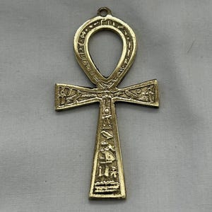 Egyptian Brass Ankh Key of Life Engraved Hieroglyphics Pendant 2.75"