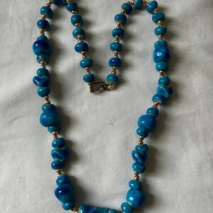 Egyptian Handmade Ceramic Blue Necklace with Gold plated beads unique 23&quot; from end to end.