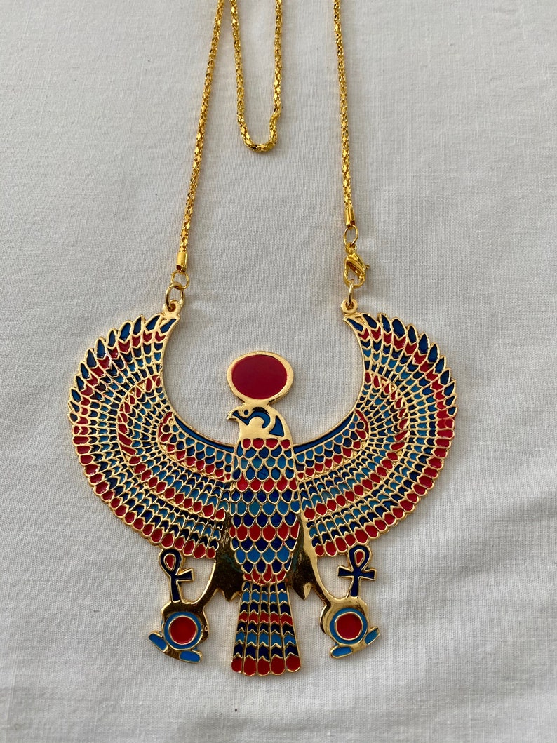 X-Large Egyptian Metal Gold Plated Multi-Color Horus Ankh Falcon Necklace 3.25 X 3.25 and Small 2 X 2 image 3