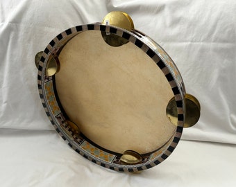 X-Large Egyptian Professional Wooden Inlaid Tambourine Rik Deff Brass Cymbals 16" Diameter Rabbit Skin Head Excellent Quality