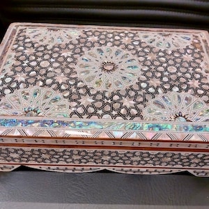 Egyptian Mother of Pearl Paua and Black Shell Inlaid Jewelry Box 14&quot; X 9&quot; By Order # 604 Very Unique and Box # 564 14&quot; x 9&quot;