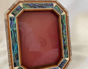 Egyptian Wood Inlaid Handmade Brown Octagon Paua Shell White Picture Frame 6.5" X 5.25" # 639 (Picture size 3.25" X 4.5") and #256