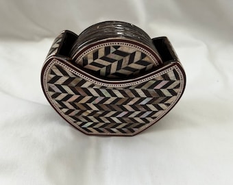 Egyptian inlaid Mother of Pearl Paua Shell Coaster Set 7 Pieces Handmade Beech Wood Unique 3.5"# 961