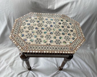 Egyptian Inlaid Mother Pearl Paua Beech Wood Table Hexagon Long 16" X 12" and 18" High. Excellent Quality
