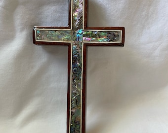Small Egyptian Handmade Inlaid Shell Paua Unique Wooden Cross 7&quot; # 220 (Very Unique)