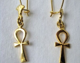 Egyptian Ankh "Key of Life" 18K Yellow Gold Lotus flower Earrings  1.5" long With Hook # 10.   Queen Cleopatra 18K Gold Earrings 1.5"