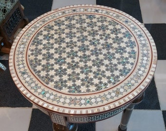 Egyptian Inlaid Mother of Pearl Paua Shell Beech Wood Table Round 16" Diameter and 20.5" Height  (Piece of Art) From Egypt