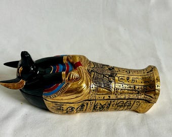 Egyptian Anubis Sarcophagus Resin Mummy inside Gold Handmade Multi-Color Black 7" x 2.25" #403