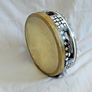 Small Egyptian Tambourine Rik: Inlaid Wood Percussion with Metal Cymbals handmade (5 inch)