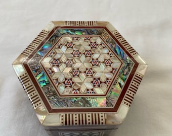 Egyptian Beech Wood Mother of Pearl Paua Inlaid hexagonal Jewelry Box Handmade Quality 3.75&quot;X 1.75&quot; # 138