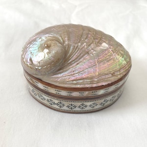May include: A decorative, oval-shaped trinket box with a pearlescent, iridescent shell lid. The box's base is adorned with a patterned band of white and dark accents. The box is likely used for storing small items.