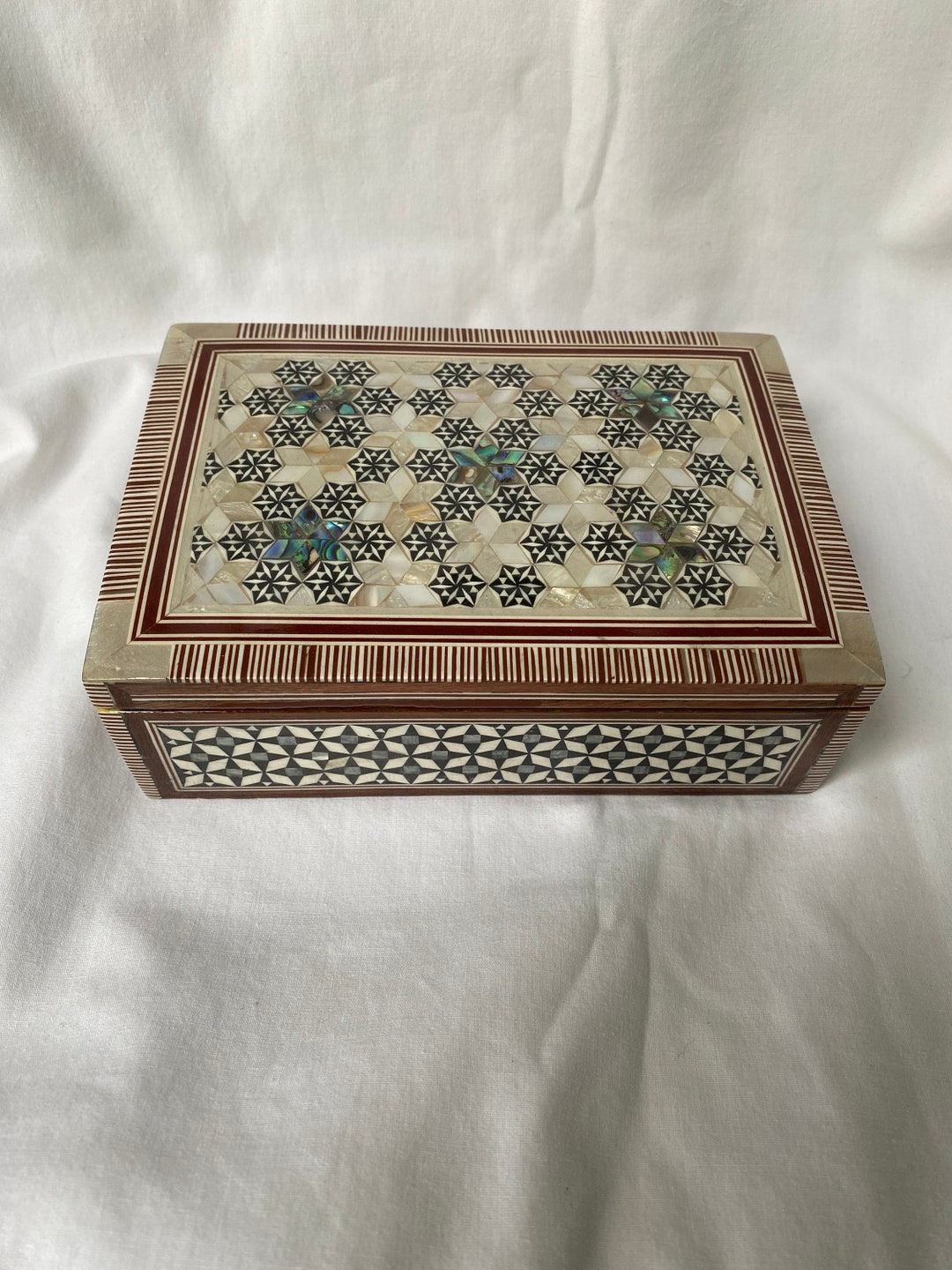 Egyptian Inlaid Mother of Pearl Paua Shell Jewelry Box