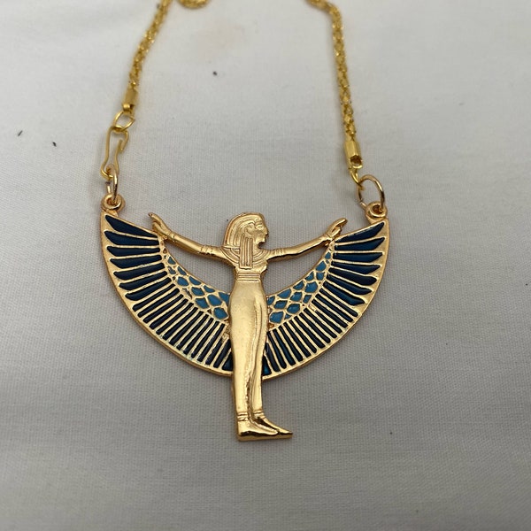 Egyptian Gold Plated Metal Blue Winged Isis Necklace Chain 1.75" Great Quality