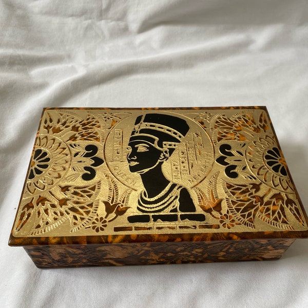 Egyptian Camel Leather Jewelry Box With Queen Nefertiti Handmade Design 7.5" X 4.75" #52 and King Coronation Design