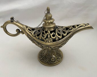 Large Egyptian Metal Aladdin Lamp For Decoration 7.25" X 4.25" Flower Brass Color