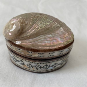 May include: A small, round, wooden box with a mother-of-pearl inlay. The lid is shaped like a seashell and has a pearly iridescent finish.