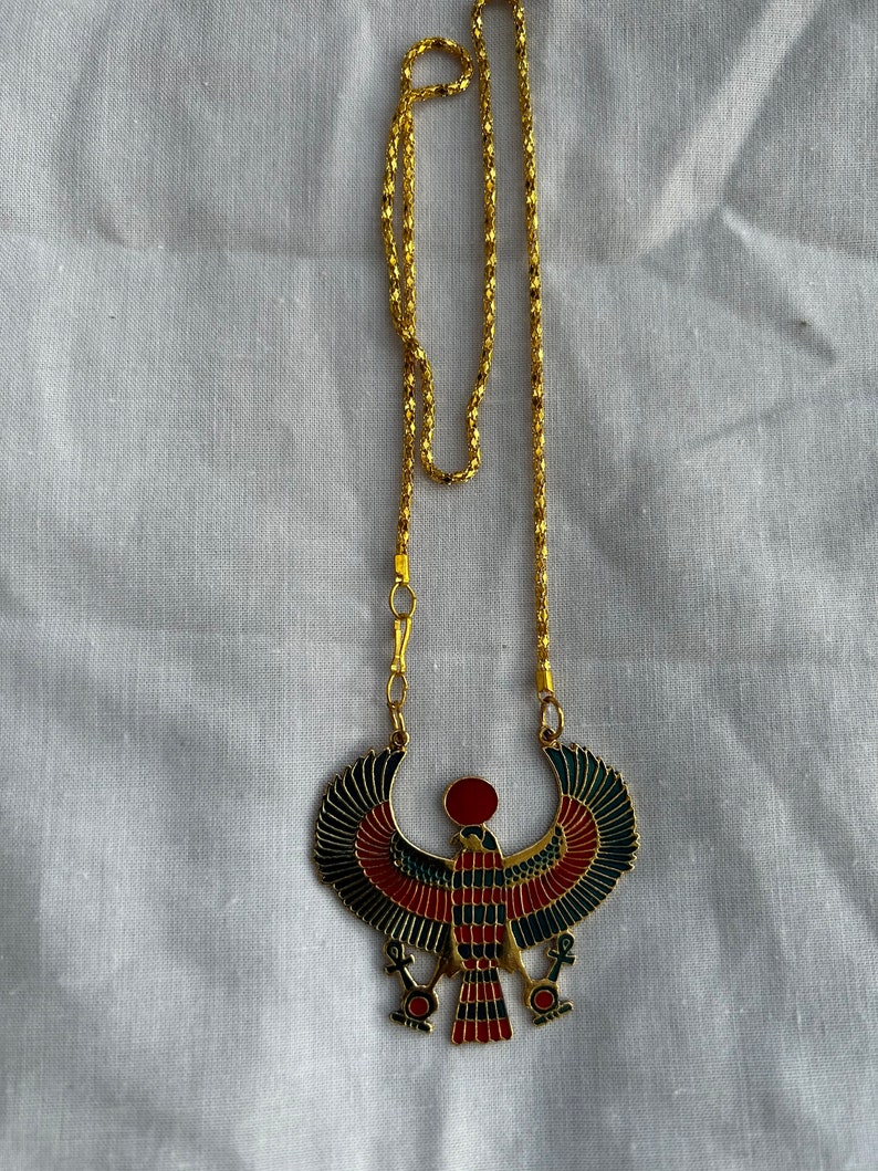 X-Large Egyptian Metal Gold Plated Multi-Color Horus Ankh Falcon Necklace 3.25 X 3.25 and Small 2 X 2 Small 2"