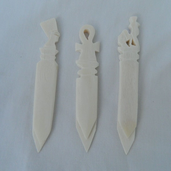 Set of 3 Egyptian Camel Bone Bookmark Stationary Hand Carved Cleopatra Nefertiti Ankh Elephant Set