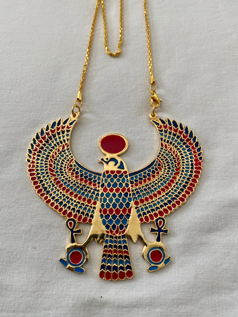 X-Large Egyptian Metal Gold Plated Multi-Color Horus Ankh Falcon Necklace 3.25 X 3.25 and Small 2 X 2 Large 3.25"