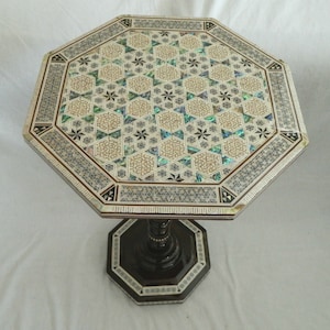Egyptian Inlaid Mother Pearl Paua Wood Table Octagon 17.25&quot; Diameter X 24&quot; High
