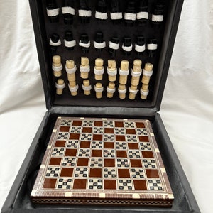Egyptian Inlaid Mother Of Pearl Wooden Chess board Flat Synthetic Pieces in Velvet Box 9.5&quot; square X 2.5&quot; High (Board 7.75&quot; X 0.5&quot;)