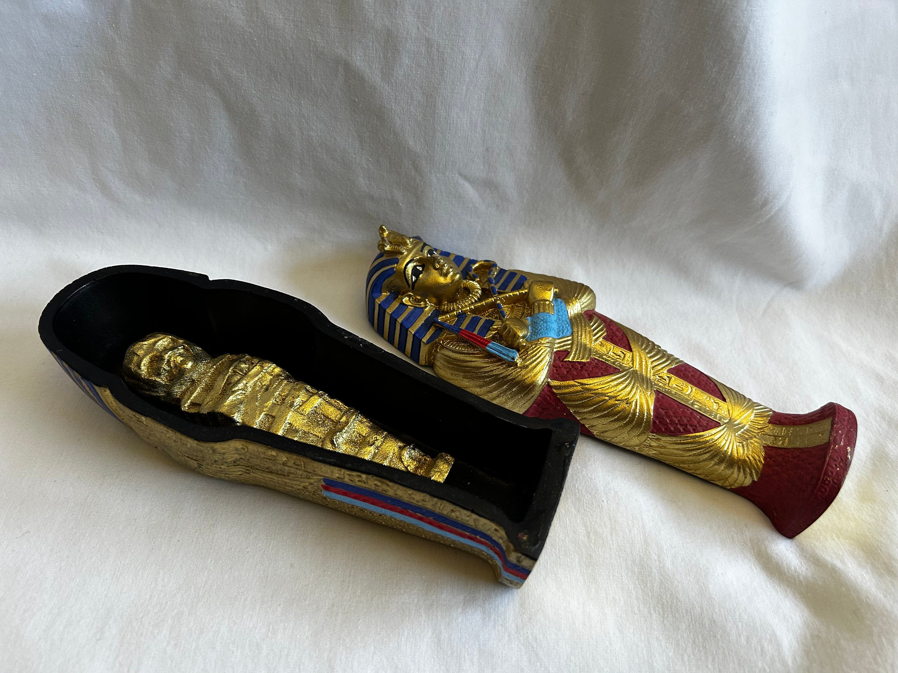Egyptian King Tut Sarcophagus Resin Gold Handmade Multi-color Box 6.5 ...